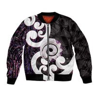 Aotearoa Koru Bomber Jacket Purple Maori Paua Shell Mix Silver Fern LT14 Unisex Black - Polynesian Pride