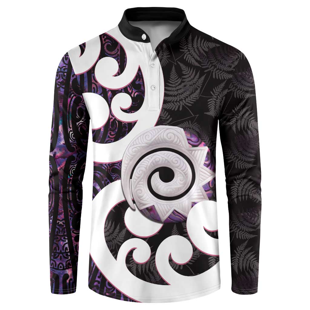 Aotearoa Koru Button Sweatshirt Purple Maori Paua Shell Mix Silver Fern LT14 Black - Polynesian Pride