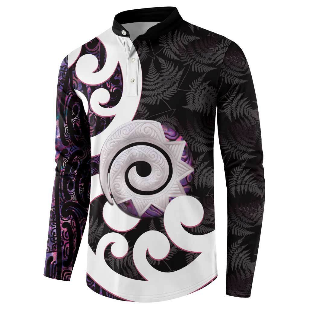 Aotearoa Koru Button Sweatshirt Purple Maori Paua Shell Mix Silver Fern LT14 - Polynesian Pride