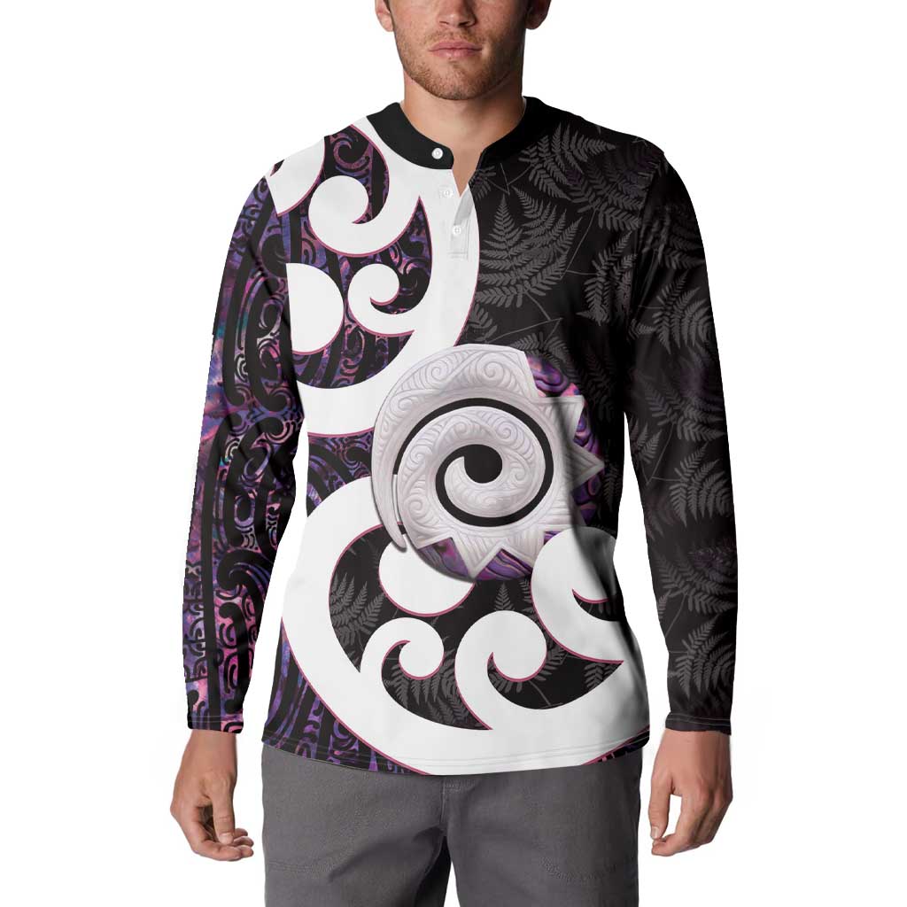 Aotearoa Koru Button Sweatshirt Purple Maori Paua Shell Mix Silver Fern LT14 - Polynesian Pride