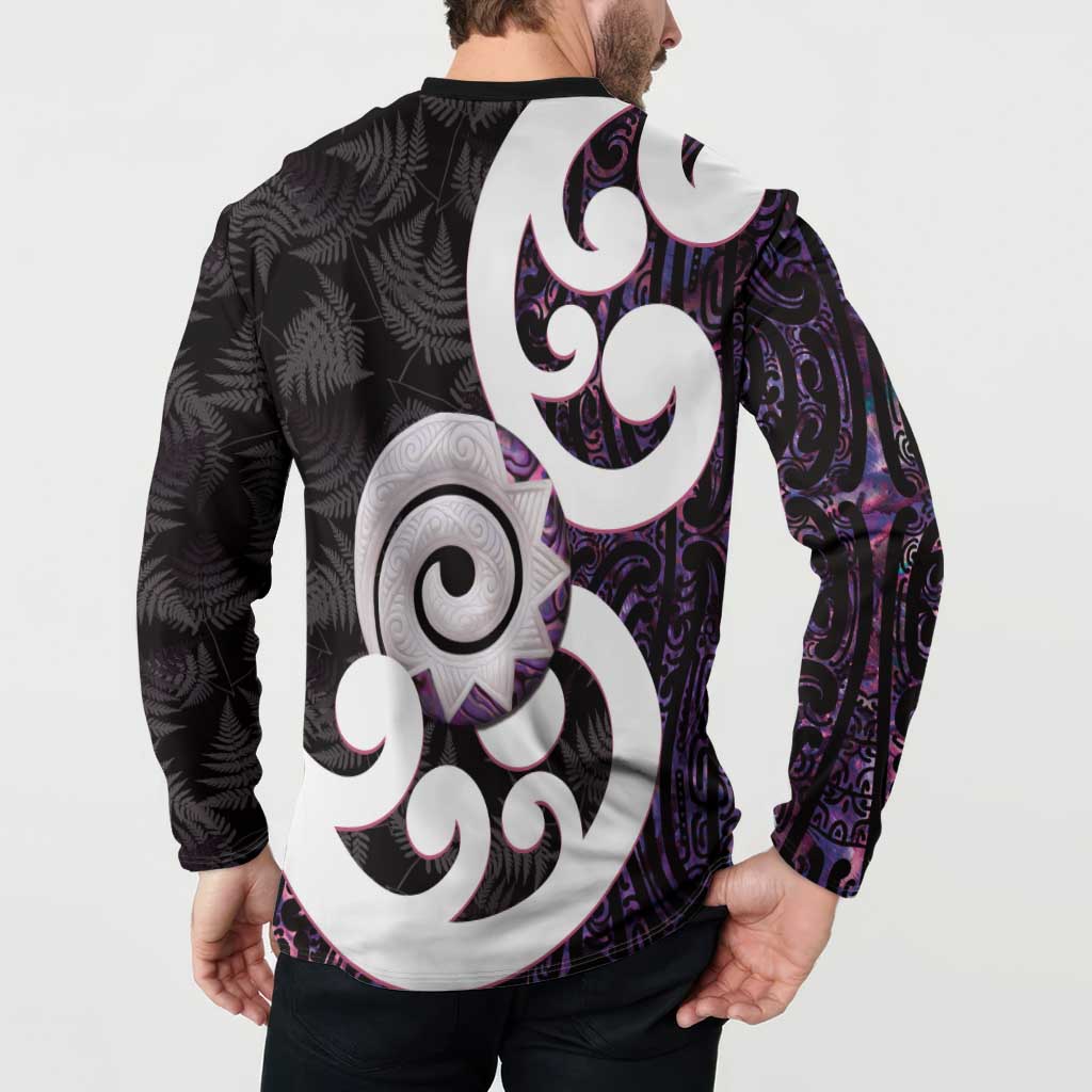 Aotearoa Koru Button Sweatshirt Purple Maori Paua Shell Mix Silver Fern LT14 - Polynesian Pride