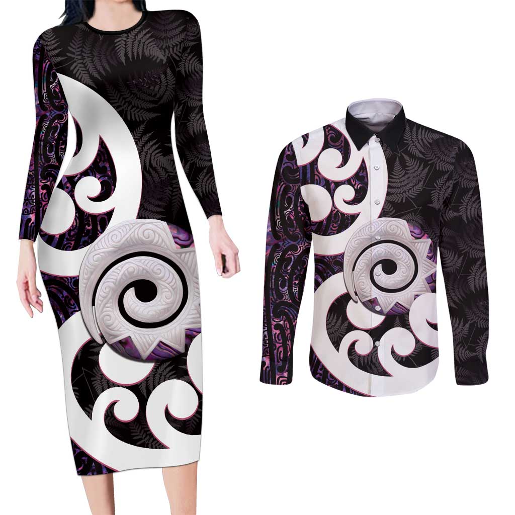 Aotearoa Koru Couples Matching Long Sleeve Bodycon Dress and Long Sleeve Button Shirt Purple Maori Paua Shell Mix Silver Fern LT14 Black - Polynesian Pride