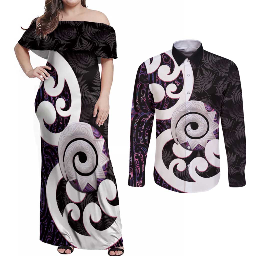 Aotearoa Koru Couples Matching Off Shoulder Maxi Dress and Long Sleeve Button Shirt Purple Maori Paua Shell Mix Silver Fern LT14 Black - Polynesian Pride