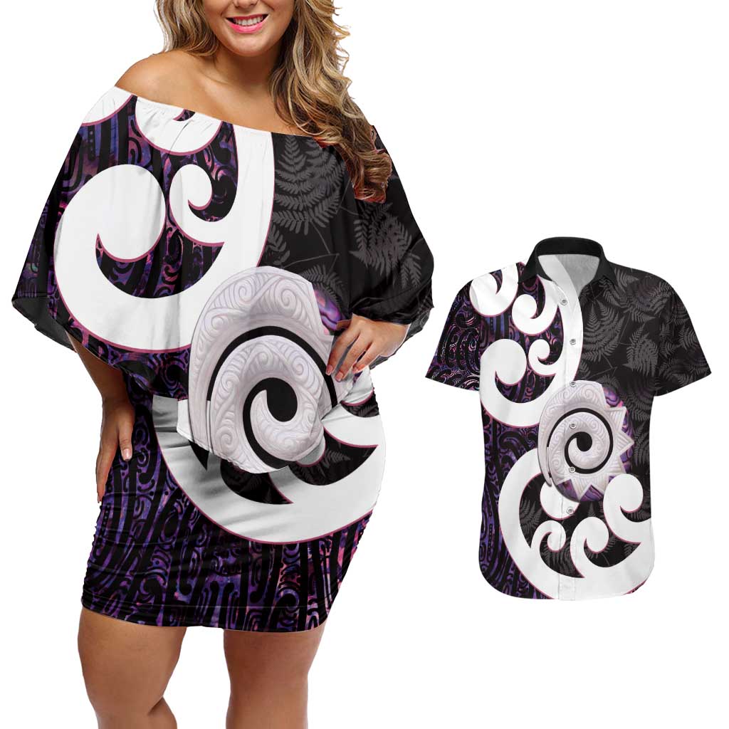 Aotearoa Koru Couples Matching Off Shoulder Short Dress and Hawaiian Shirt Purple Maori Paua Shell Mix Silver Fern LT14 Black - Polynesian Pride