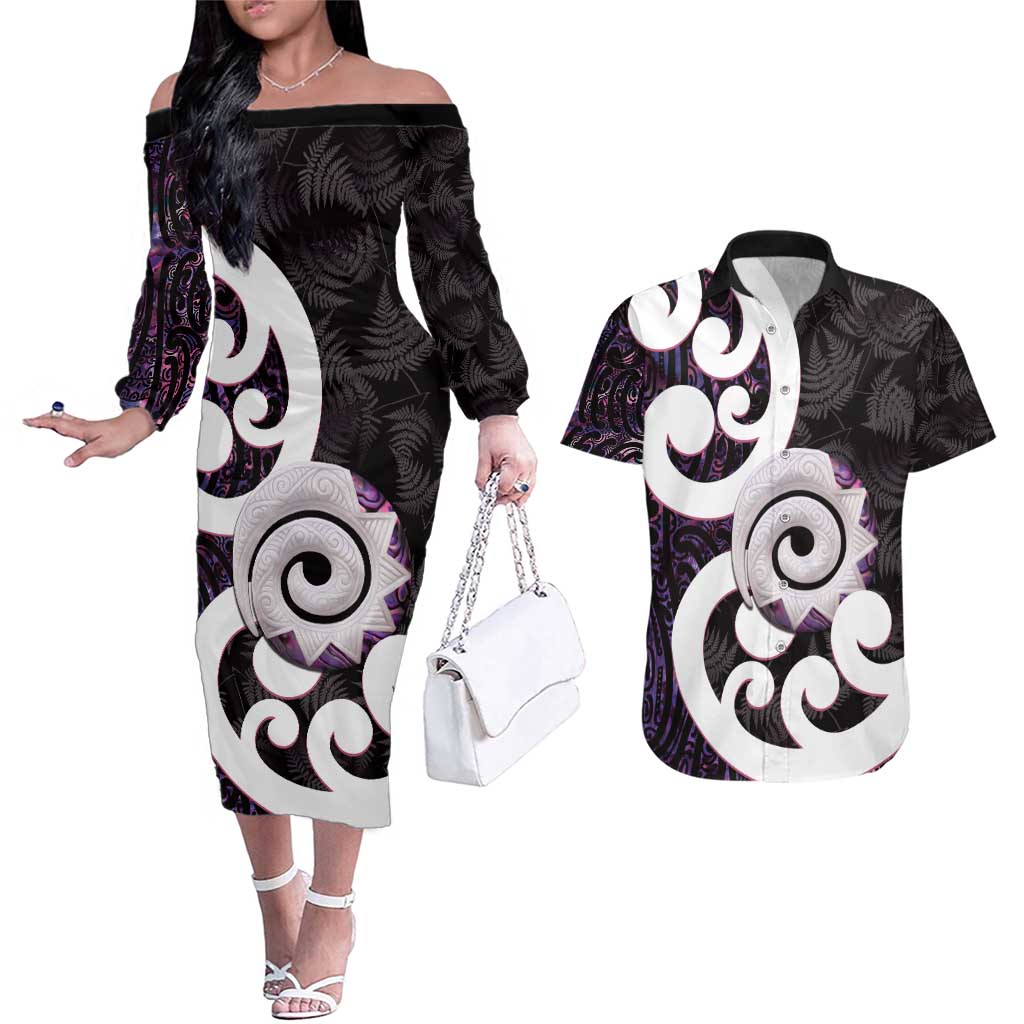 Aotearoa Koru Couples Matching Off The Shoulder Long Sleeve Dress and Hawaiian Shirt Purple Maori Paua Shell Mix Silver Fern LT14 Black - Polynesian Pride