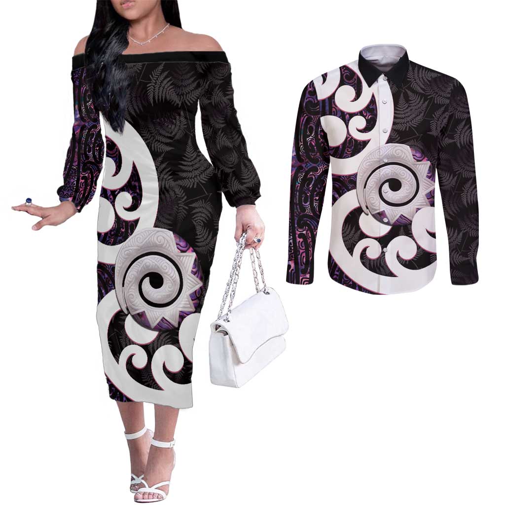 Aotearoa Koru Couples Matching Off The Shoulder Long Sleeve Dress and Long Sleeve Button Shirt Purple Maori Paua Shell Mix Silver Fern LT14 Black - Polynesian Pride