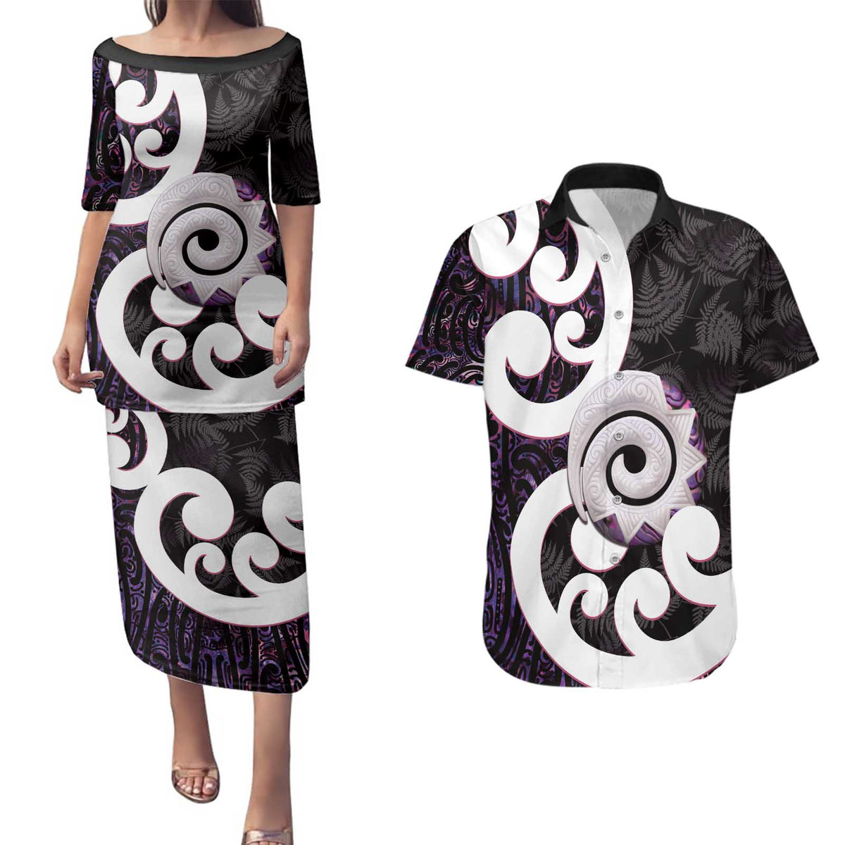 Aotearoa Koru Couples Matching Puletasi and Hawaiian Shirt Purple Maori Paua Shell Mix Silver Fern LT14 Black - Polynesian Pride