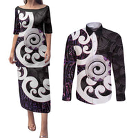 Aotearoa Koru Couples Matching Puletasi and Long Sleeve Button Shirt Purple Maori Paua Shell Mix Silver Fern LT14 Black - Polynesian Pride