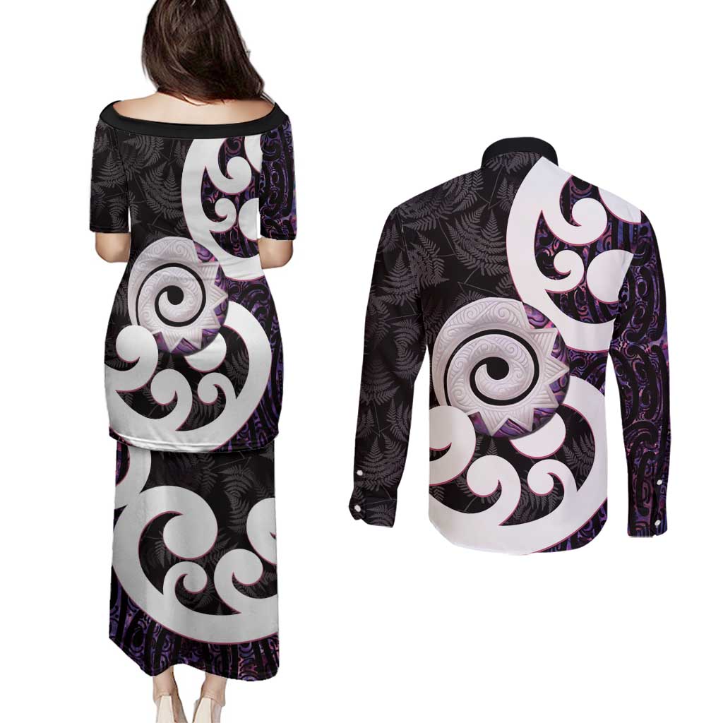 Aotearoa Koru Couples Matching Puletasi and Long Sleeve Button Shirt Purple Maori Paua Shell Mix Silver Fern LT14 - Polynesian Pride