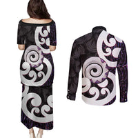 Aotearoa Koru Couples Matching Puletasi and Long Sleeve Button Shirt Purple Maori Paua Shell Mix Silver Fern LT14 - Polynesian Pride