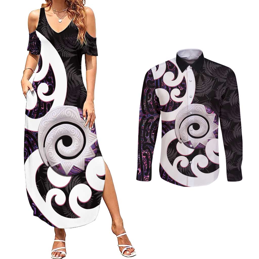 Aotearoa Koru Couples Matching Summer Maxi Dress and Long Sleeve Button Shirt Purple Maori Paua Shell Mix Silver Fern LT14 Black - Polynesian Pride