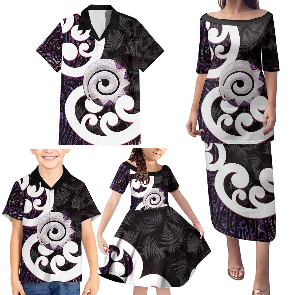 Aotearoa Koru Family Matching Puletasi and Hawaiian Shirt Purple Maori Paua Shell Mix Silver Fern