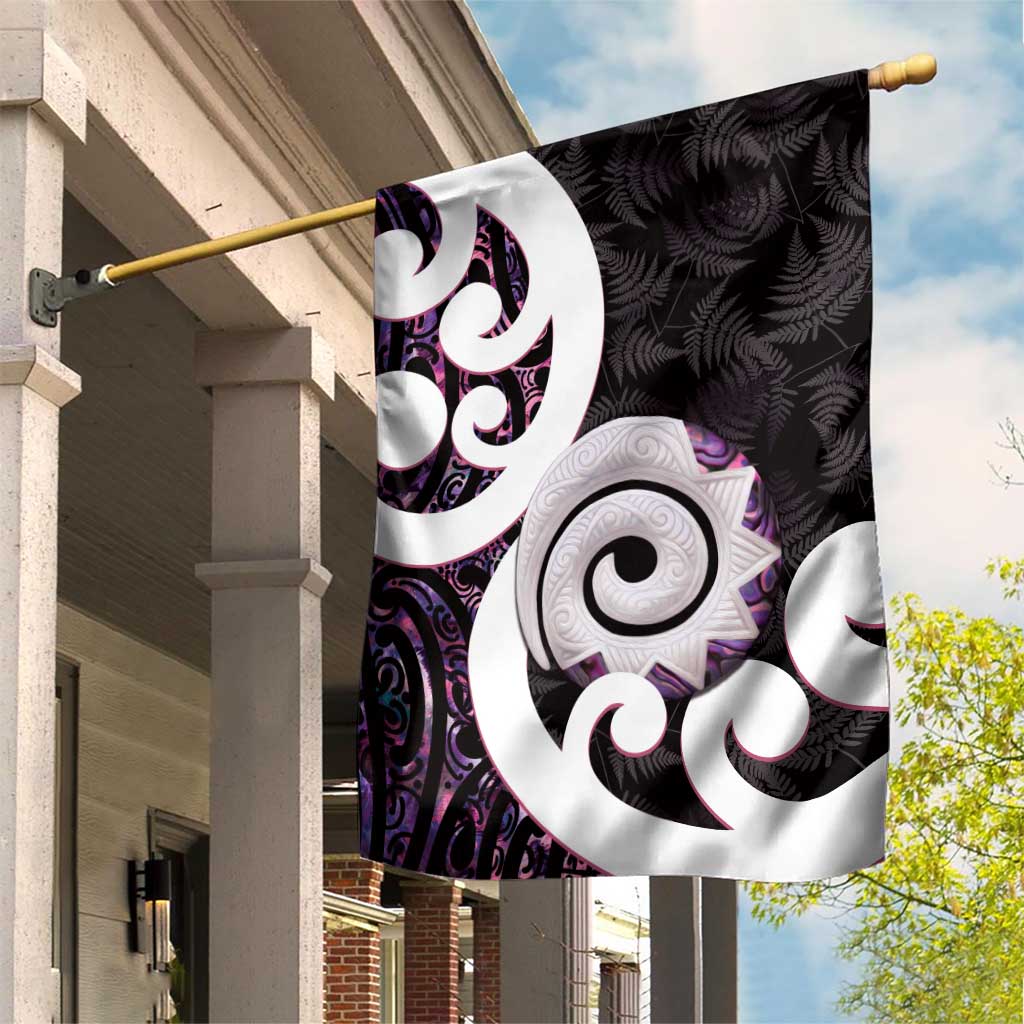 Aotearoa Koru Garden Flag Purple Maori Paua Shell Mix Silver Fern LT14 House Flag Black - Polynesian Pride