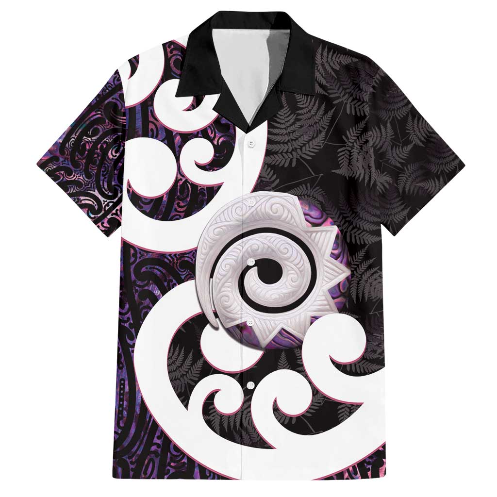 Aotearoa Koru Hawaiian Shirt Purple Maori Paua Shell Mix Silver Fern LT14 Black - Polynesian Pride