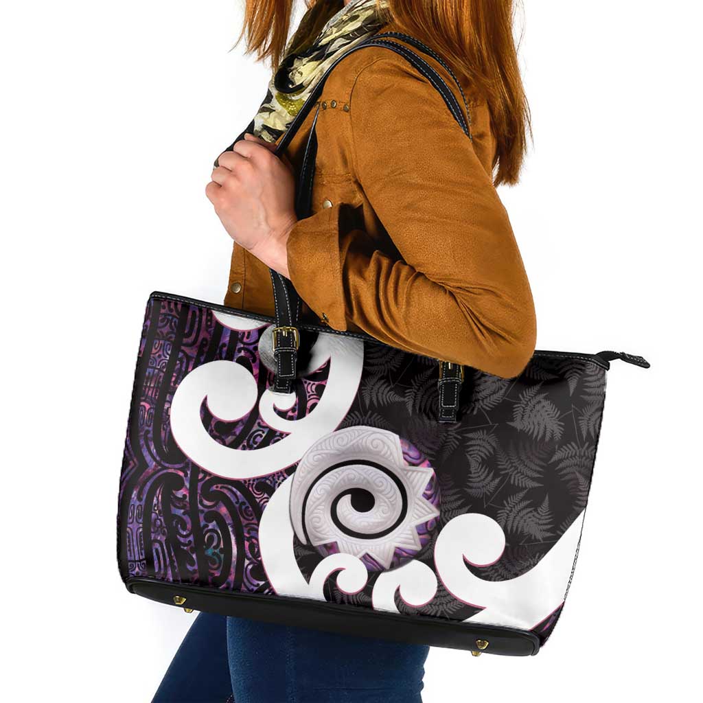 Aotearoa Koru Leather Tote Bag Purple Maori Paua Shell Mix Silver Fern LT14 Black - Polynesian Pride