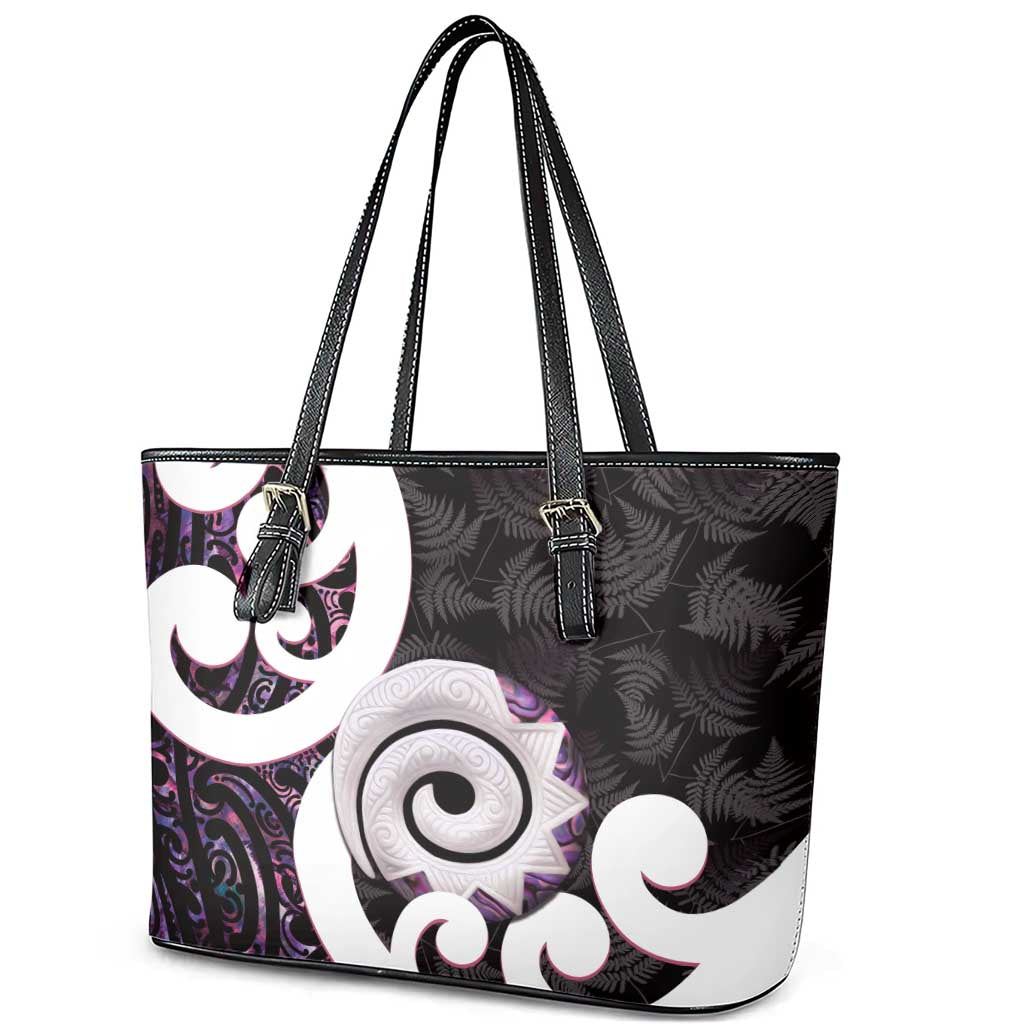 Aotearoa Koru Leather Tote Bag Purple Maori Paua Shell Mix Silver Fern LT14 - Polynesian Pride