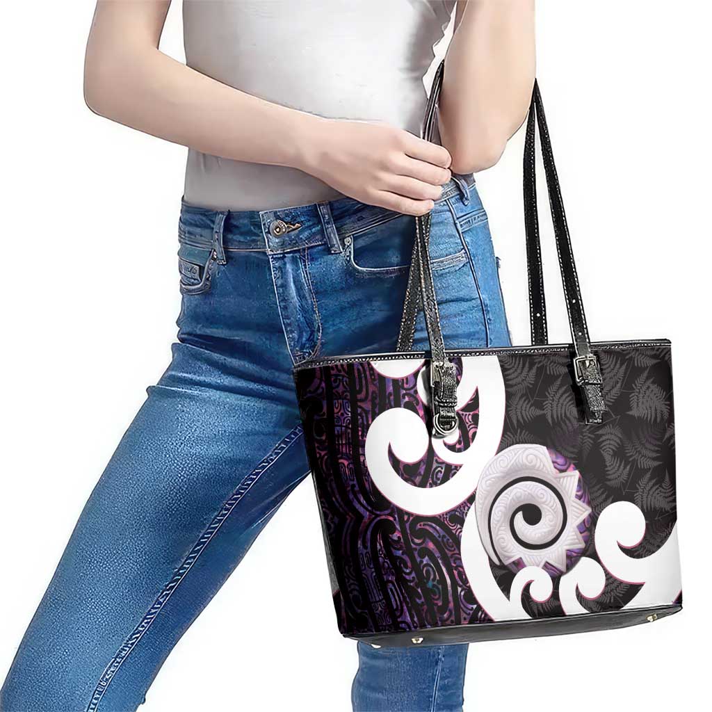 Aotearoa Koru Leather Tote Bag Purple Maori Paua Shell Mix Silver Fern LT14 - Polynesian Pride
