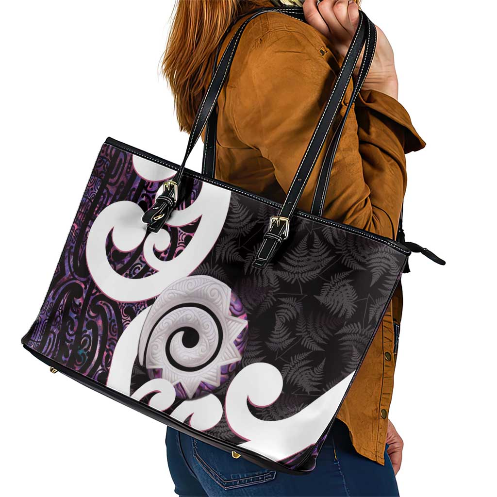 Aotearoa Koru Leather Tote Bag Purple Maori Paua Shell Mix Silver Fern LT14 - Polynesian Pride