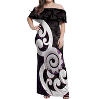 Aotearoa Koru Off Shoulder Maxi Dress Purple Maori Paua Shell Mix Silver Fern LT14 Women Black - Polynesian Pride