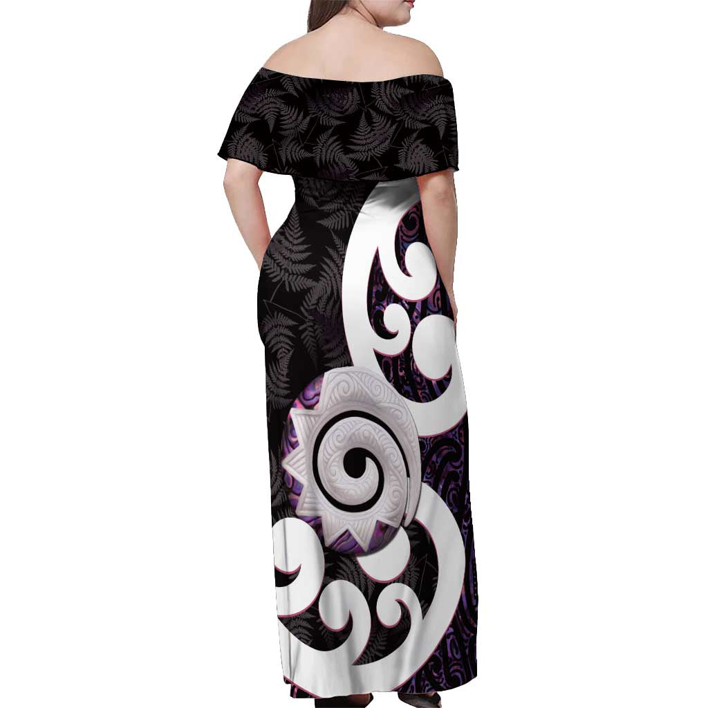 Aotearoa Koru Off Shoulder Maxi Dress Purple Maori Paua Shell Mix Silver Fern LT14 - Polynesian Pride