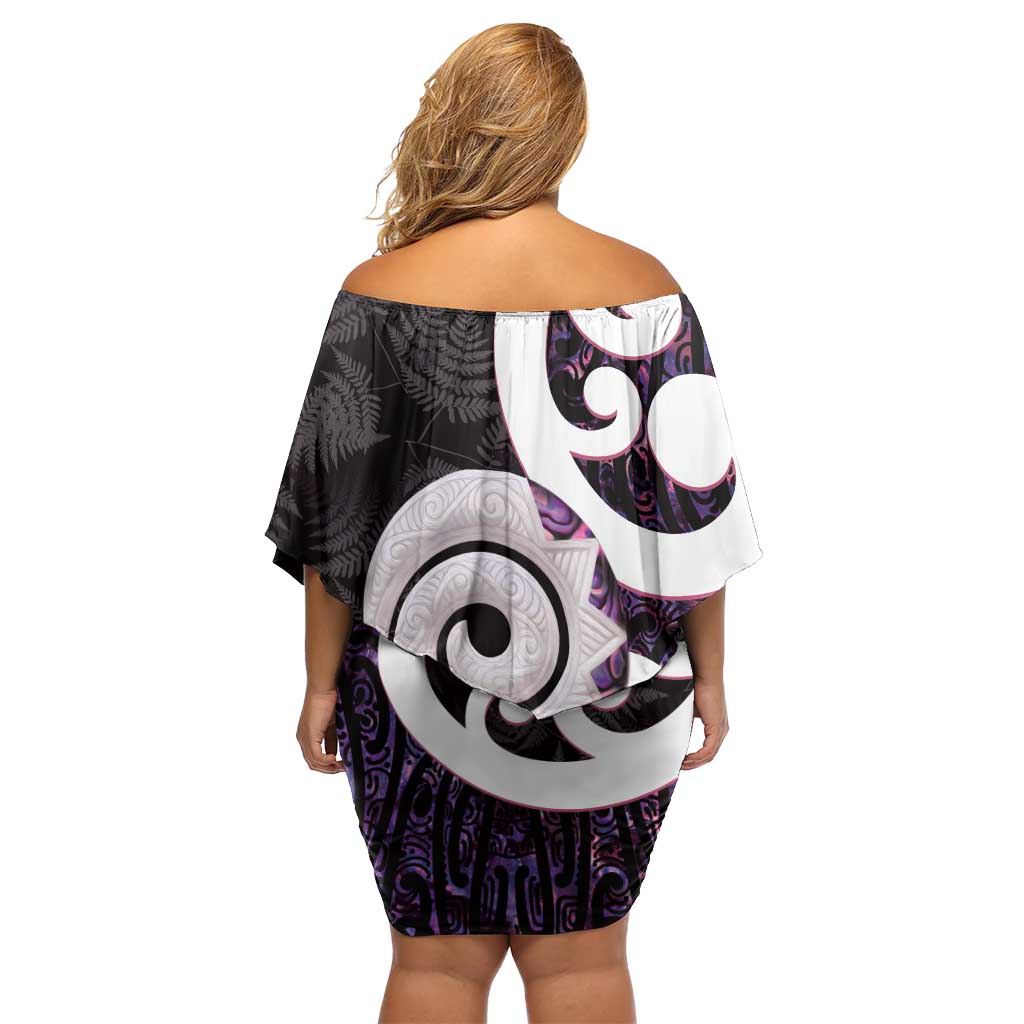 Aotearoa Koru Off Shoulder Short Dress Purple Maori Paua Shell Mix Silver Fern LT14 - Polynesian Pride