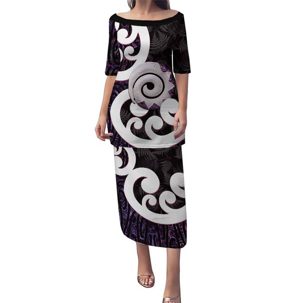 Aotearoa Koru Puletasi Purple Maori Paua Shell Mix Silver Fern LT14 Long Dress Black - Polynesian Pride