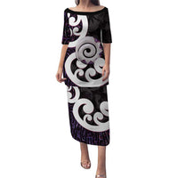 Aotearoa Koru Puletasi Purple Maori Paua Shell Mix Silver Fern LT14 Long Dress Black - Polynesian Pride
