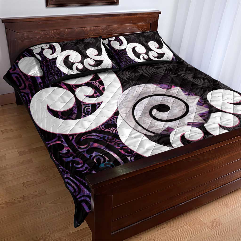 Aotearoa Koru Quilt Bed Set Purple Maori Paua Shell Mix Silver Fern LT14 - Polynesian Pride