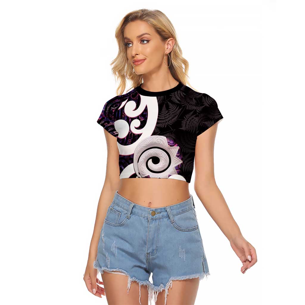 Aotearoa Koru Raglan Cropped T Shirt Purple Maori Paua Shell Mix Silver Fern LT14 Female Black - Polynesian Pride