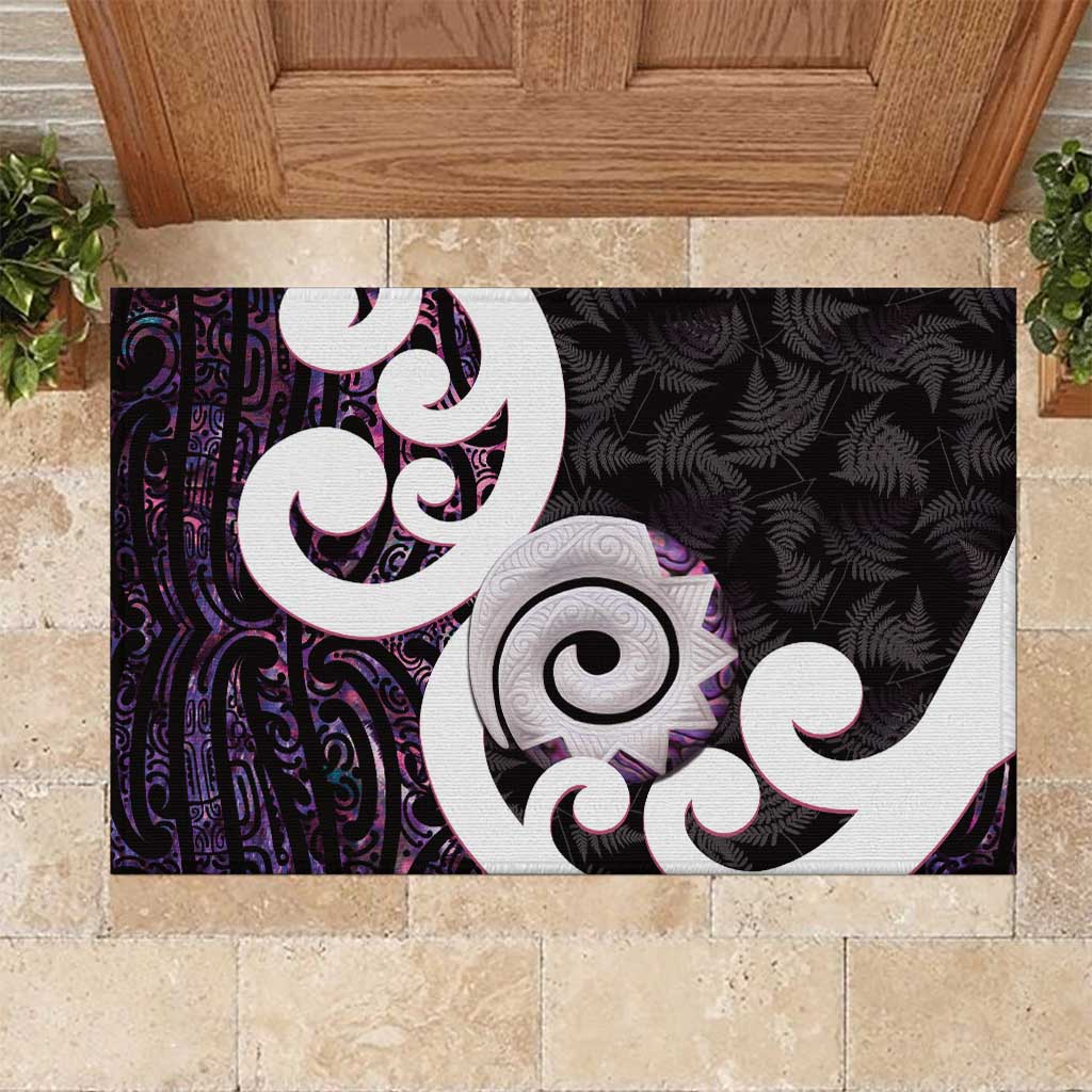 Aotearoa Koru Rubber Doormat Purple Maori Paua Shell Mix Silver Fern LT14 Black - Polynesian Pride