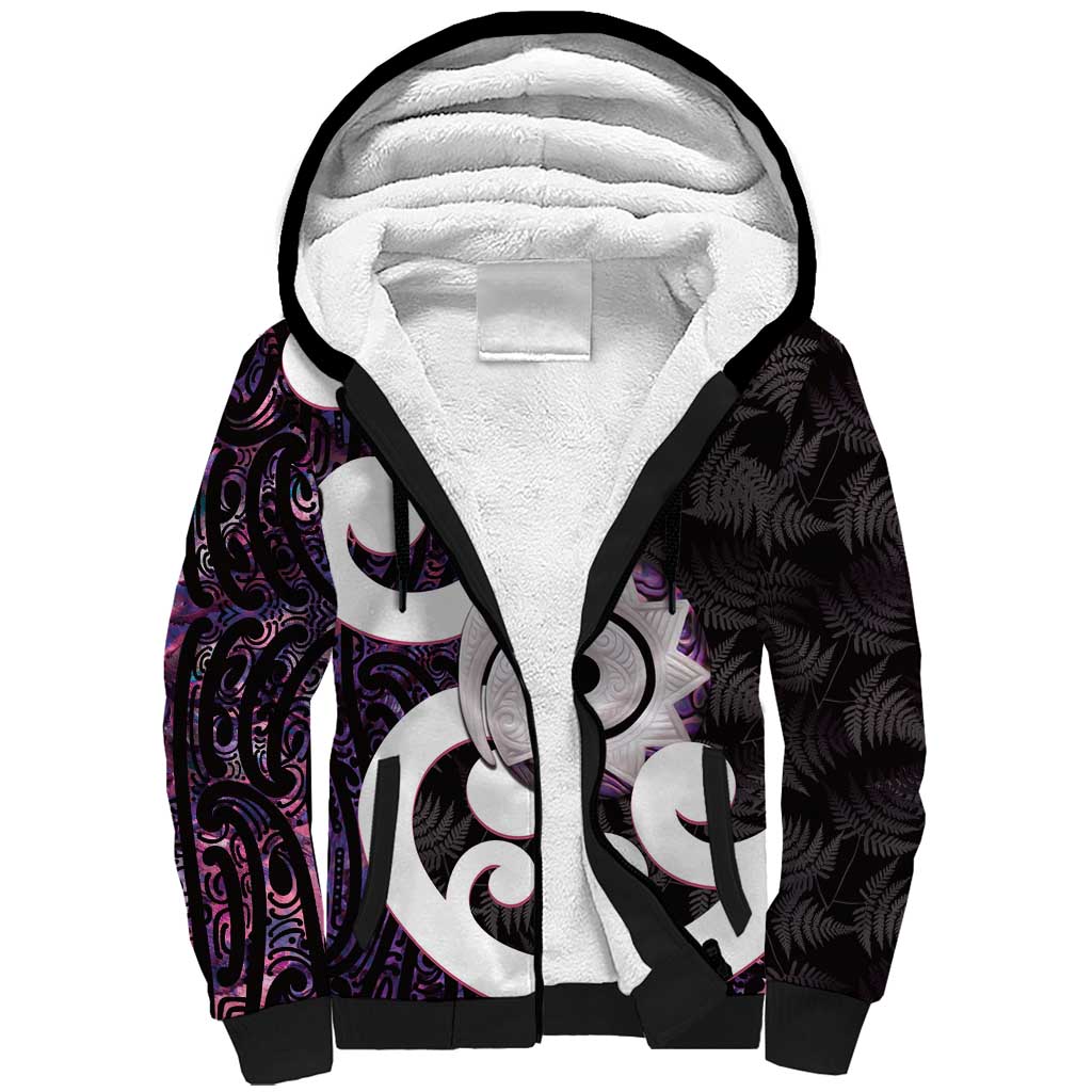 Aotearoa Koru Sherpa Hoodie Purple Maori Paua Shell Mix Silver Fern LT14 Unisex Black - Polynesian Pride