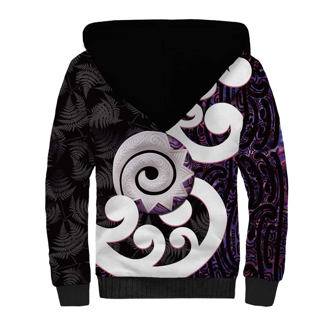 Aotearoa Koru Sherpa Hoodie Purple Maori Paua Shell Mix Silver Fern LT14 - Polynesian Pride