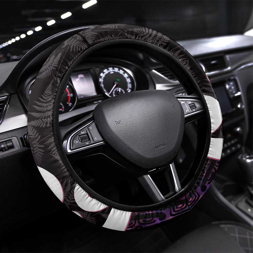 Aotearoa Koru Steering Wheel Cover Purple Maori Paua Shell Mix Silver Fern LT14 Universal Fit Black - Polynesian Pride