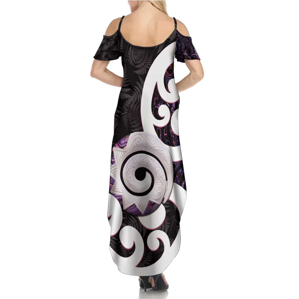 Aotearoa Koru Summer Maxi Dress Purple Maori Paua Shell Mix Silver Fern LT14 - Polynesian Pride