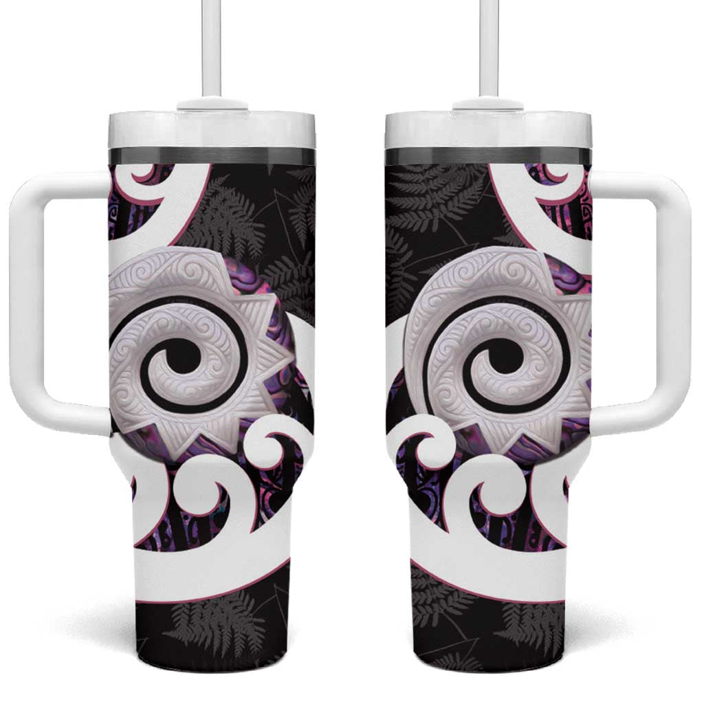 Aotearoa Koru Tumbler With Handle Purple Maori Paua Shell Mix Silver Fern LT14 One Size: 40 oz Black - Polynesian Pride