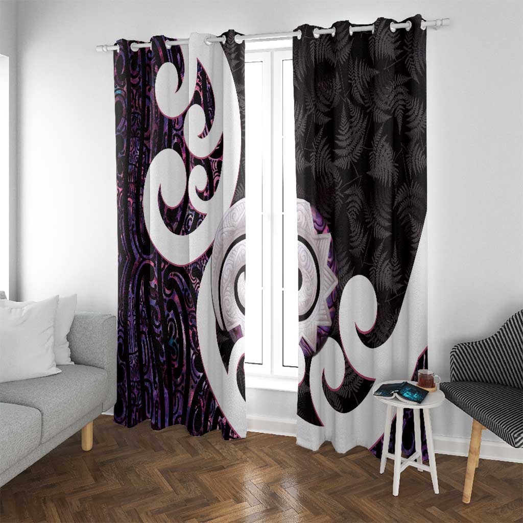 Aotearoa Koru Window Curtain Purple Maori Paua Shell Mix Silver Fern LT14 With Grommets Black - Polynesian Pride