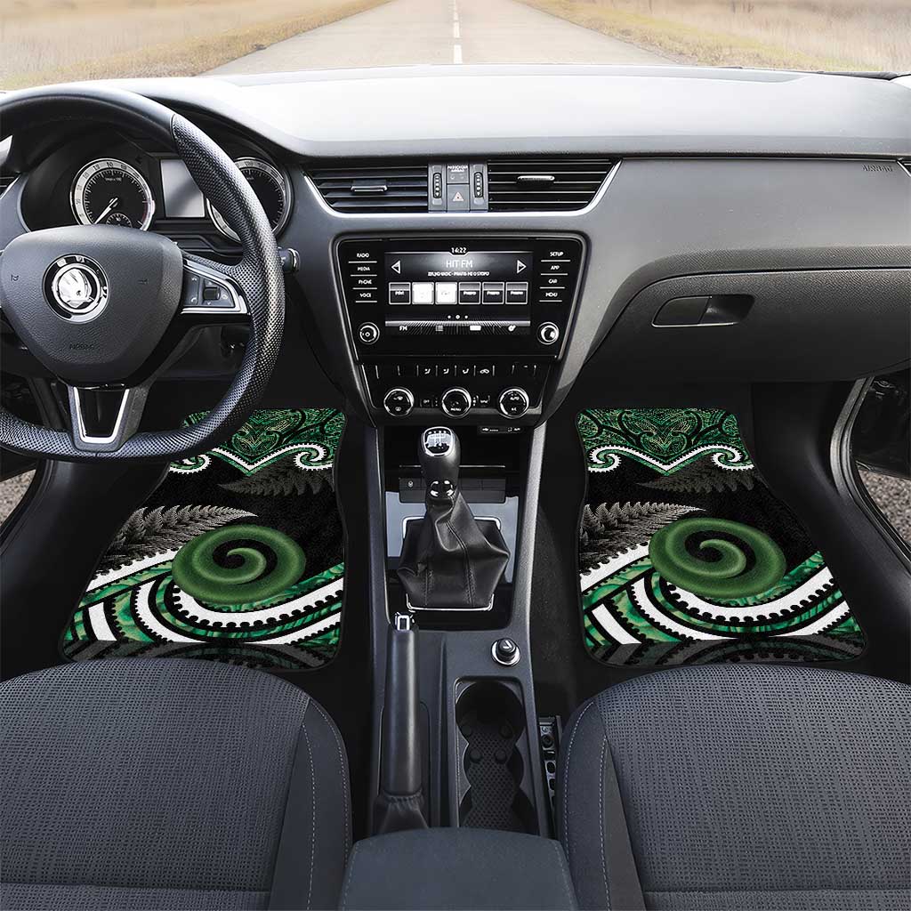 Koru Pounamu Aotearoa Car Mats Maori Paua Shell Mix Silver Fern LT14 Set 2pcs - Front Black - Polynesian Pride
