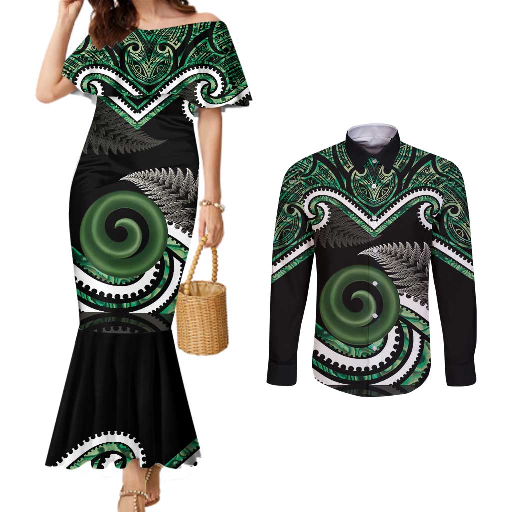 Koru Pounamu Aotearoa Couples Matching Mermaid Dress and Long Sleeve Button Shirt Maori Paua Shell Mix Silver Fern LT14 Black - Polynesian Pride