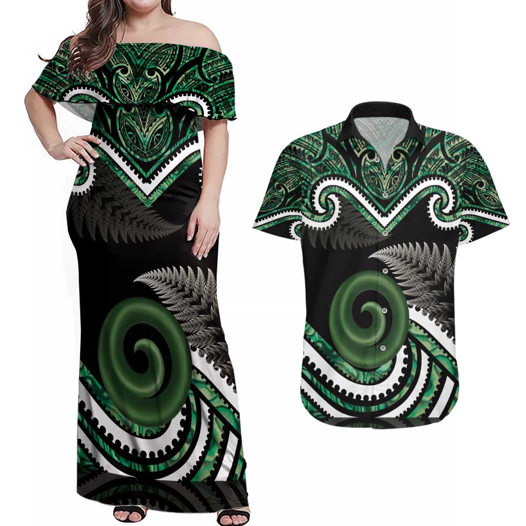 Koru Pounamu Aotearoa Couples Matching Off Shoulder Maxi Dress and Hawaiian Shirt Maori Paua Shell Mix Silver Fern