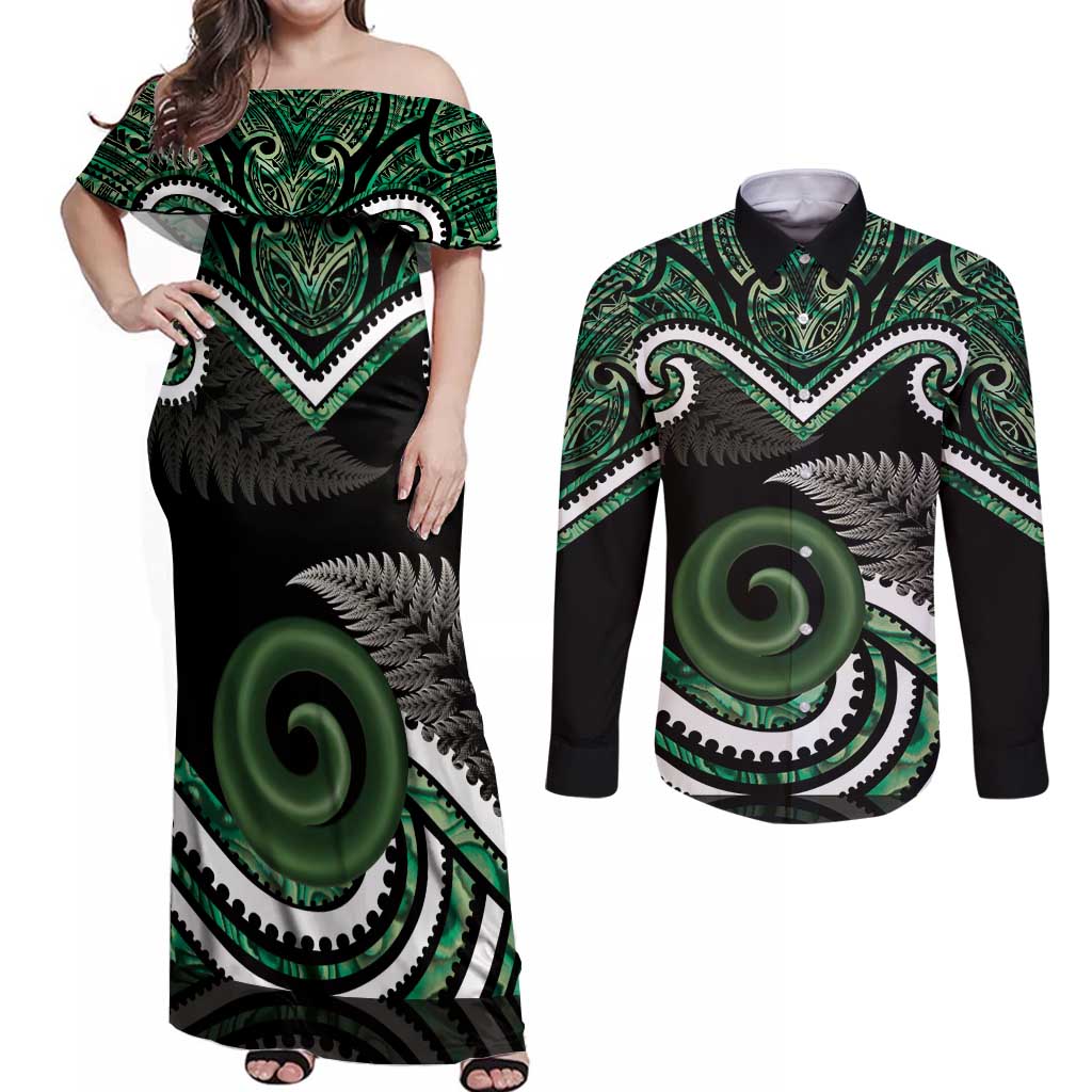 Koru Pounamu Aotearoa Couples Matching Off Shoulder Maxi Dress and Long Sleeve Button Shirt Maori Paua Shell Mix Silver Fern LT14 Black - Polynesian Pride