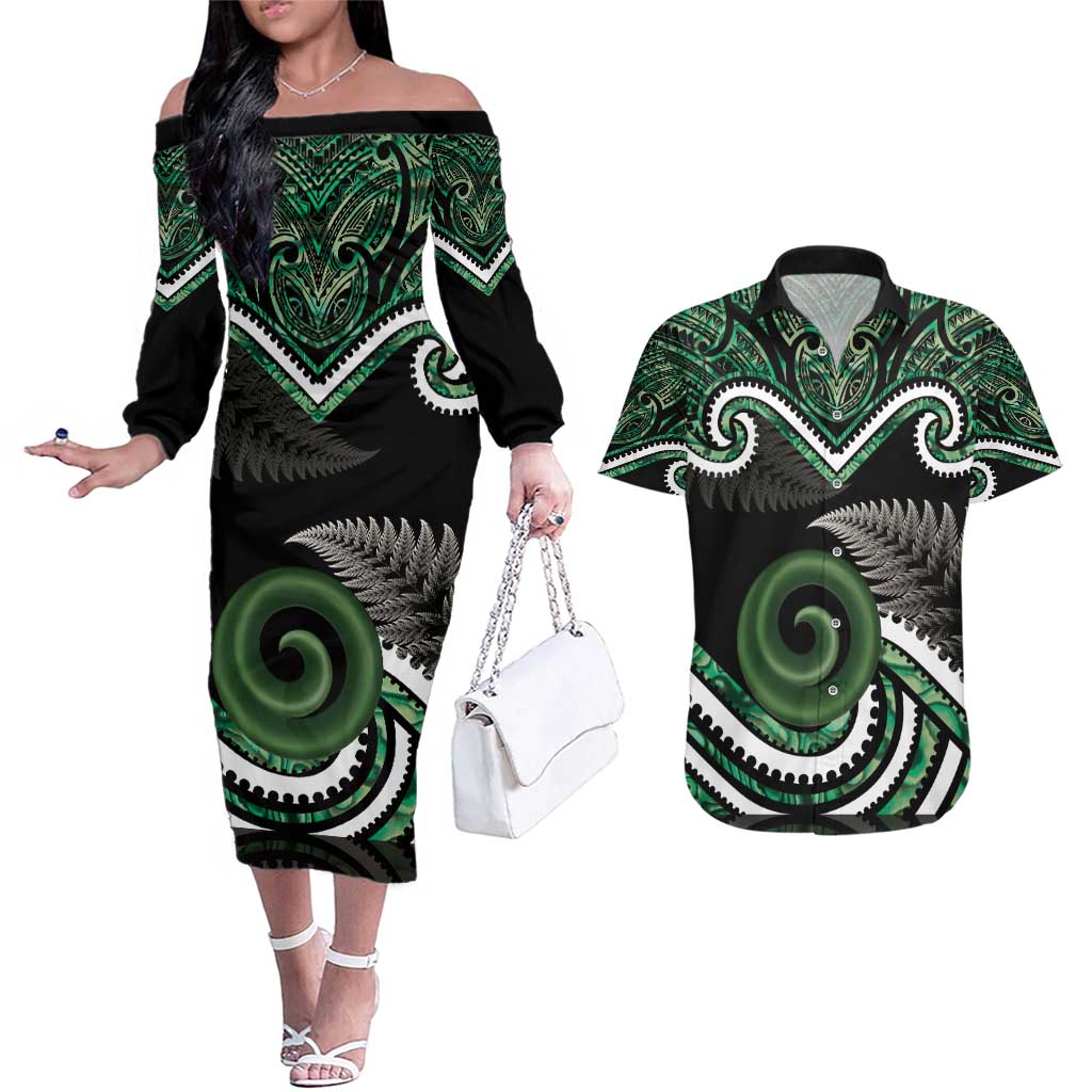 Koru Pounamu Aotearoa Couples Matching Off The Shoulder Long Sleeve Dress and Hawaiian Shirt Maori Paua Shell Mix Silver Fern LT14 Black - Polynesian Pride