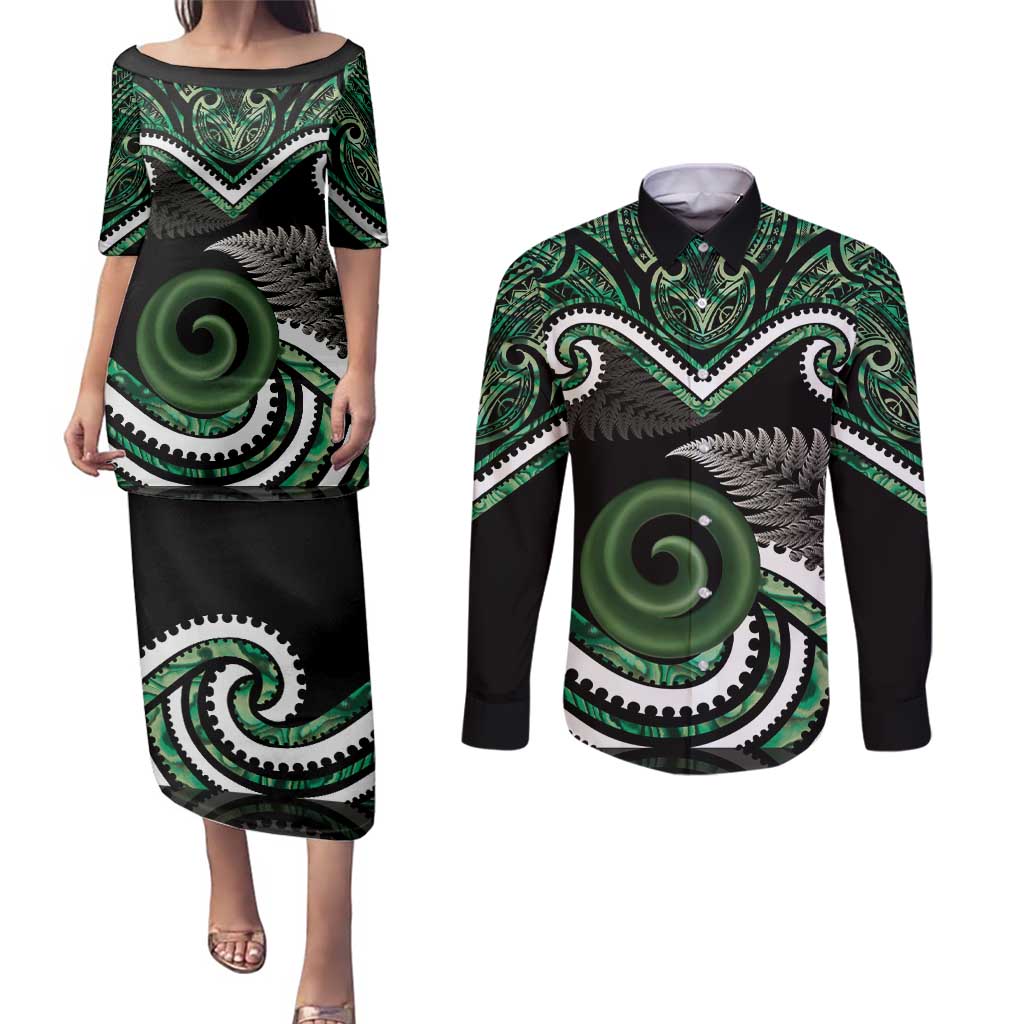 Koru Pounamu Aotearoa Couples Matching Puletasi and Long Sleeve Button Shirt Maori Paua Shell Mix Silver Fern LT14 Black - Polynesian Pride