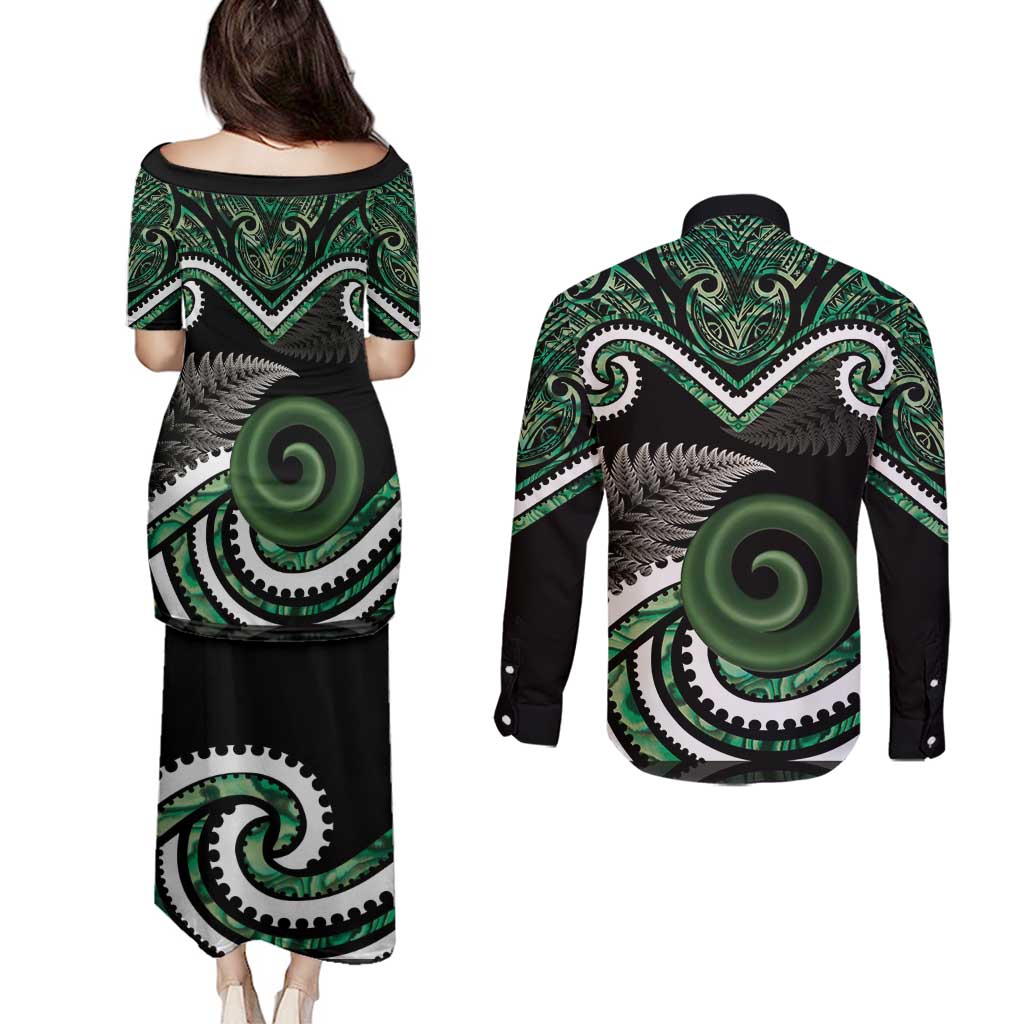 Koru Pounamu Aotearoa Couples Matching Puletasi and Long Sleeve Button Shirt Maori Paua Shell Mix Silver Fern LT14 - Polynesian Pride
