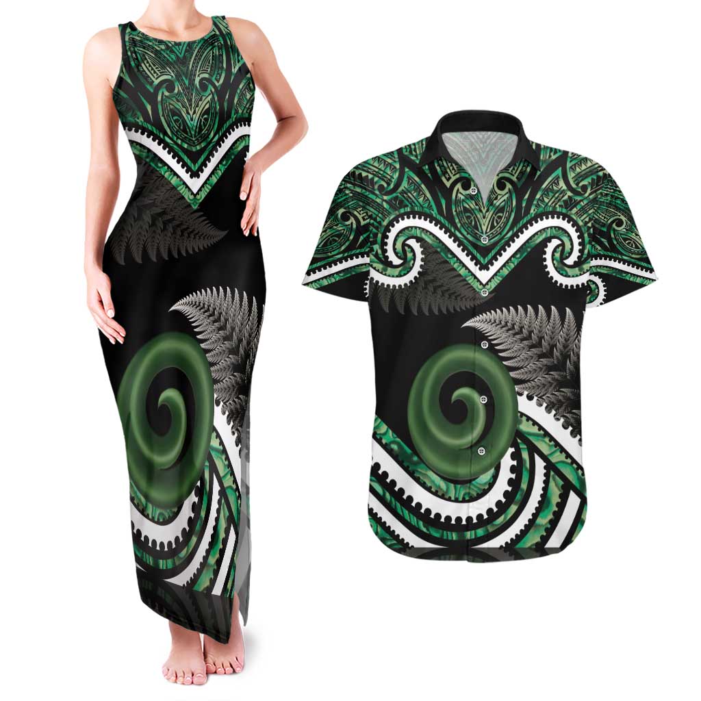Koru Pounamu Aotearoa Couples Matching Tank Maxi Dress and Hawaiian Shirt Maori Paua Shell Mix Silver Fern LT14 Black - Polynesian Pride