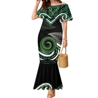 Koru Pounamu Aotearoa Family Matching Mermaid Dress and Hawaiian Shirt Maori Paua Shell Mix Silver Fern