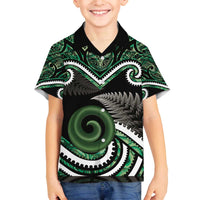 Koru Pounamu Aotearoa Family Matching Off The Shoulder Long Sleeve Dress and Hawaiian Shirt Maori Paua Shell Mix Silver Fern