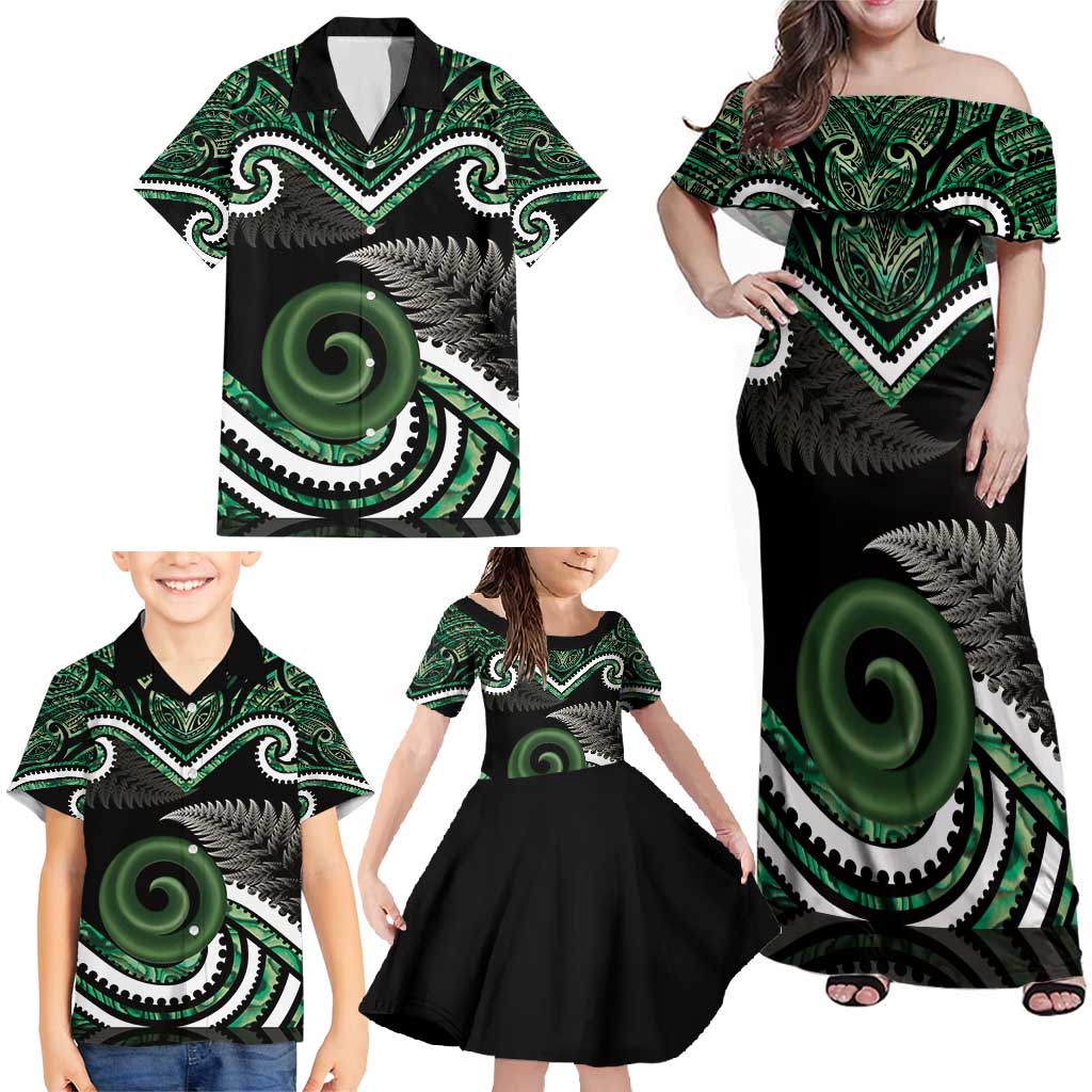 Koru Pounamu Aotearoa Family Matching Off Shoulder Maxi Dress and Hawaiian Shirt Maori Paua Shell Mix Silver Fern