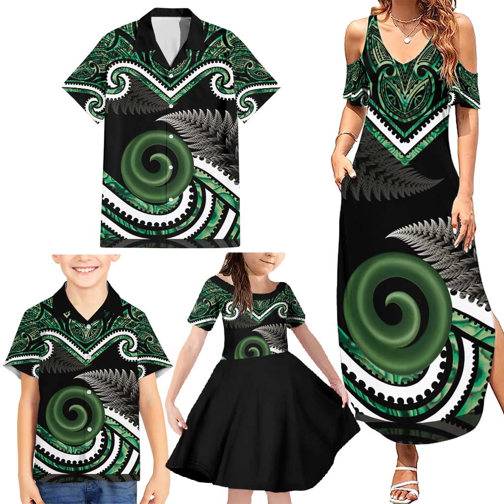 Koru Pounamu Aotearoa Family Matching Summer Maxi Dress and Hawaiian Shirt Maori Paua Shell Mix Silver Fern