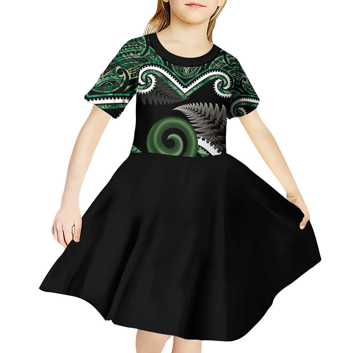 Koru Pounamu Aotearoa Kid Short Sleeve Dress Maori Paua Shell Mix Silver Fern