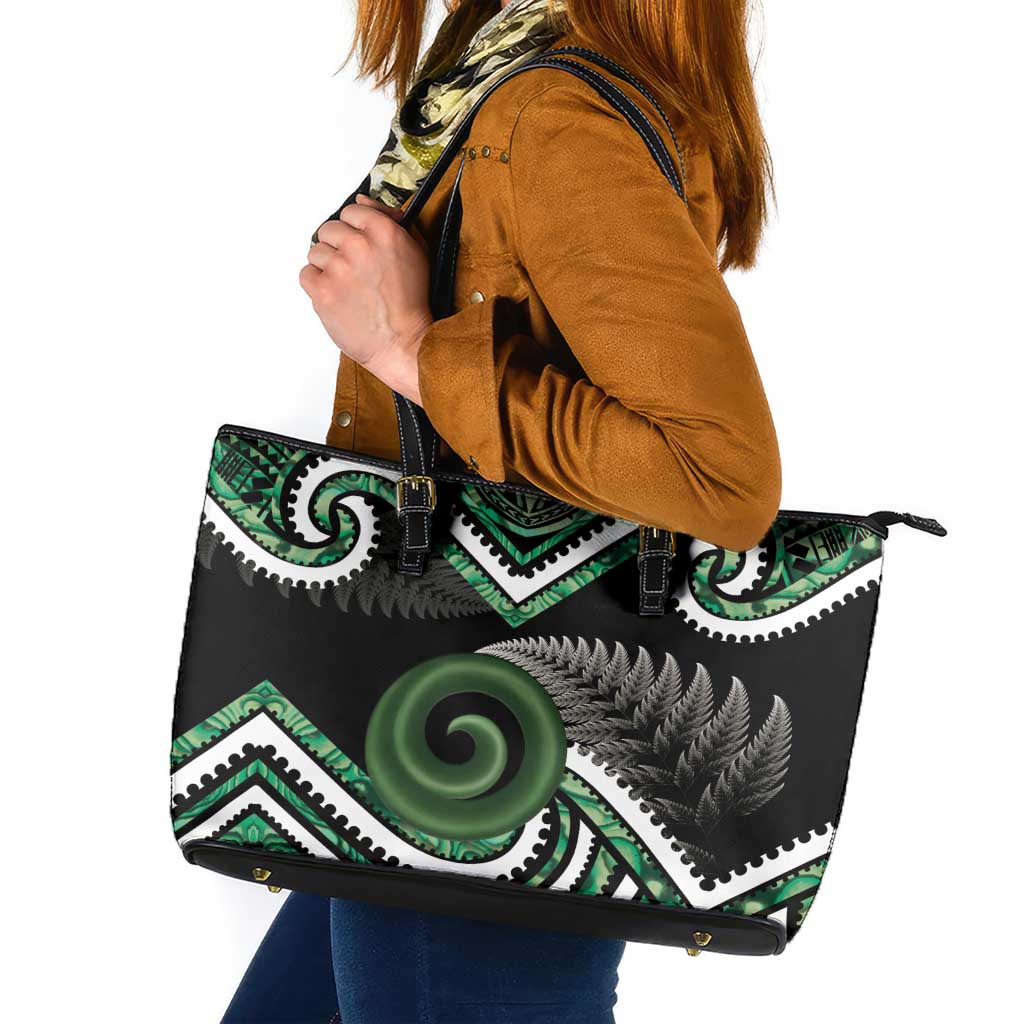 Koru Pounamu Aotearoa Leather Tote Bag Maori Paua Shell Mix Silver Fern LT14 Black - Polynesian Pride